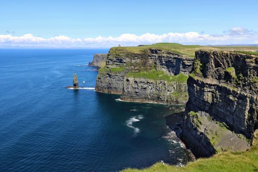 A mesmerizing view of the Cliffs of Moher under the cloudy blue sky in the Republic of Ireland