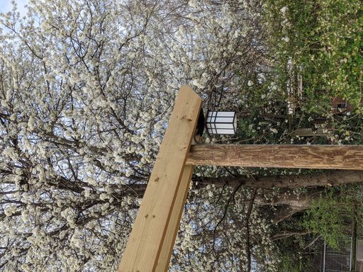 A vertical shot of a Japanese lantern hanging from a gazebo in a garden covered in greenery