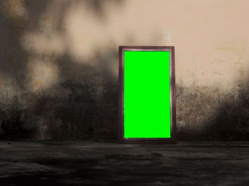 A grunge wall with a small door and a green screen on the door