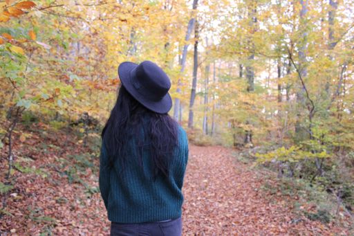 A young woman wearing a hat and green sweater walks through a forest during autumn with colorful foliage