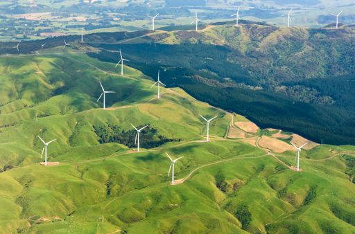 windfarm in the Manawatu as seen from an aeroplane. The green Tararua ranges provide the perfect wind conditions