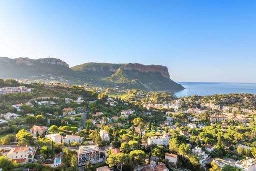 A beautiful aerial view of Cassis, France, featuring lush greenery, Mediterranean architecture, and the stunning Cap Canaille cliff by the sea.