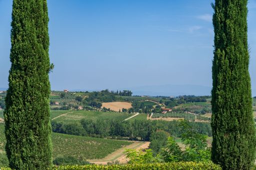 A picturesque view of the Tuscan countryside with rolling hills, vineyards, and cypress trees under a clear blue sky.