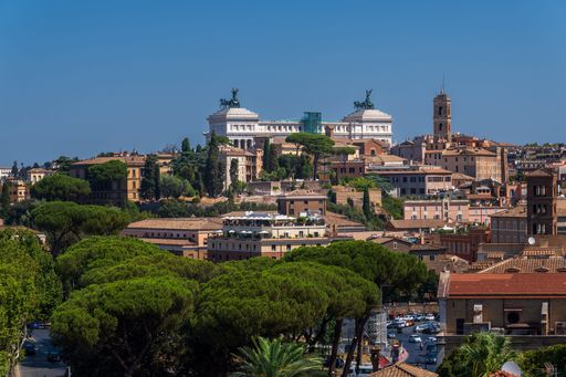 Panoramic view of Rome, Italy, featuring the Vittoriano monument and surrounding historic buildings under a clear blue sky.