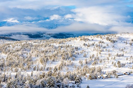 A picturesque winter landscape with houses, trees and mountains in Stryn, Norway