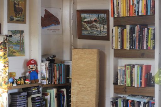A selective focus shot of a room interior with books, pictures, and Mario collectible figurines