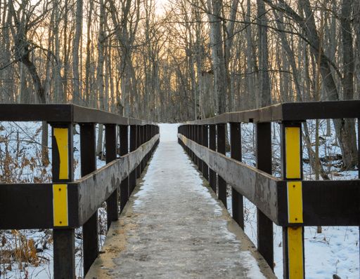 An ice-covered bridge spans a creek in the woods at sunset during winter.