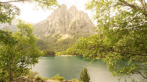 A scenic view of a stout mountain in front of a tranquil lake in an ethereal jungle surrounded by lush green trees