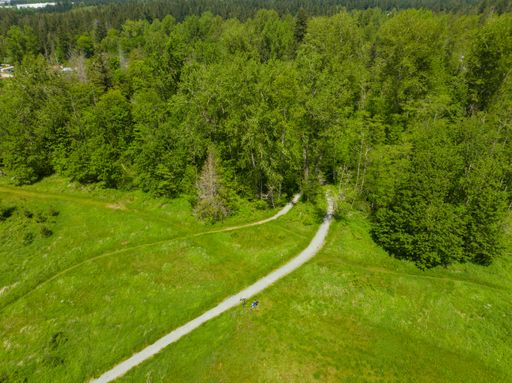 An aerial view of a lush green landscape on a sunny day