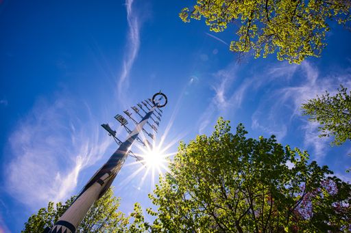 A low angle shot of a traditional bavarian maypole in Munich, Germany