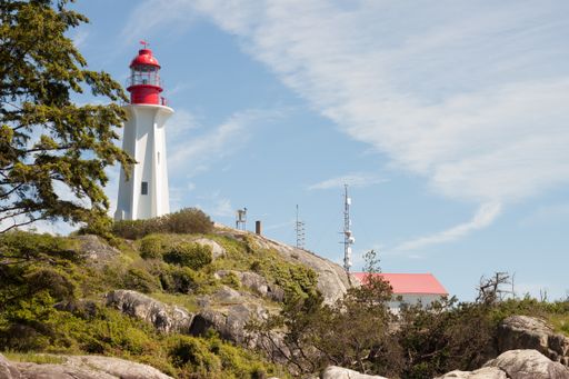 A View of a Lighthouse from below the cliff in a national park in Vancouver, Canada