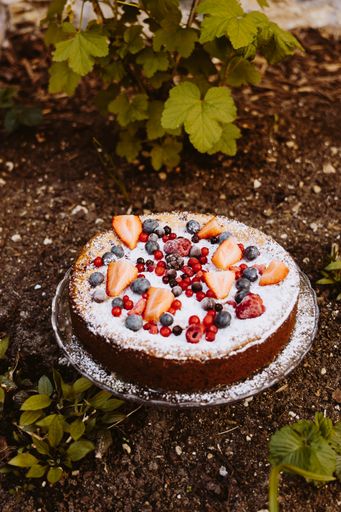 A round pie with fresh berries and fruit on the ground in a garden