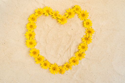 An overhead shot of a heart shape figure on paper made of yellow flower heads