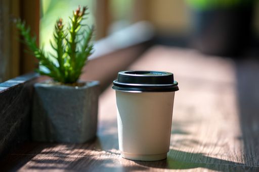 A selective focus of a take away cup of coffee on a wooden surface