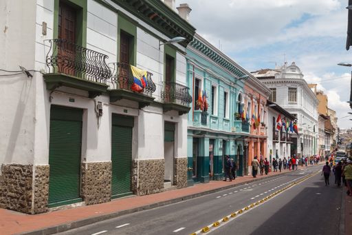 The facade of the typical historical buildings in downtown Quito, Ecuador