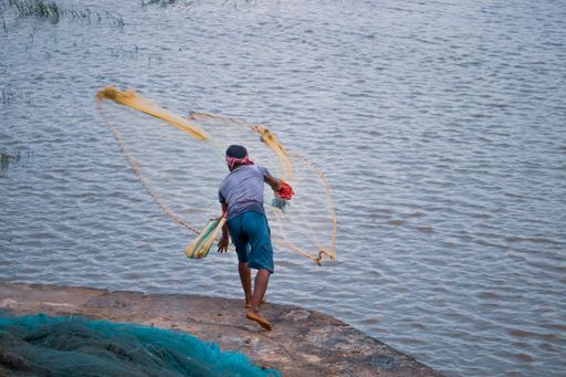 A fisherman throwing the catching net into the sea