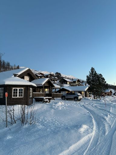 A vertical shot of a traditional wooden house covered with its backyard with dense snow at sunset in Tromso, Norway
