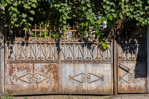 Old rusty vintage iron gates. Climbing plants above the gates.