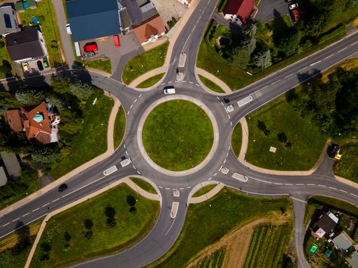 An aerial shot of a roundabout in a rural area