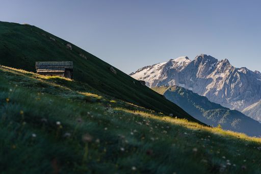 Morning view of the Marmolada north face and alpine meadows of Dolomites, Italy. Summer alpine landscape with Marmolada, highest peak in Dolomiti.