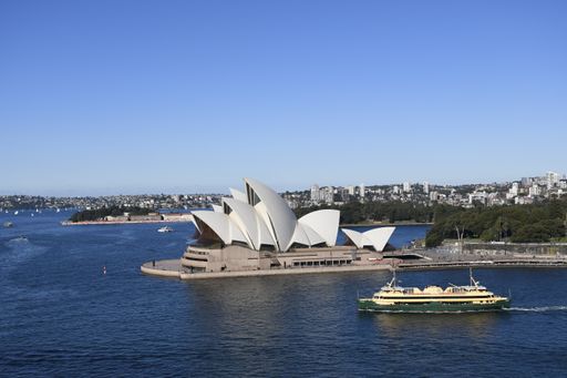 A beautiful view of Sydney Opera house from the Harbour Bridge under a blue clear sky in Australia