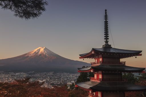 The Chureito Pagoda and Mount Fuji during the sunrise in Fujiyoshida, Japan