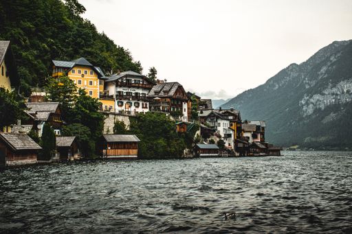 A closeup shot of the town of Hallstatt in Austria near the water