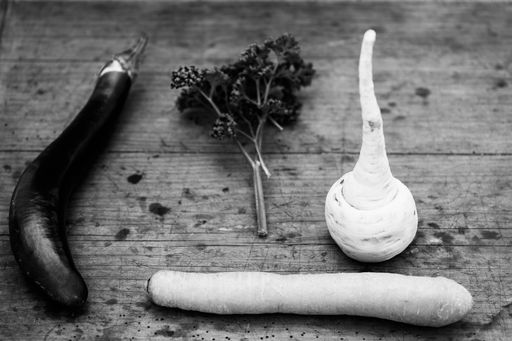 A top view  grayscale of a standing parsnip, a thing eggplant, a carrot and plant on a wooden table