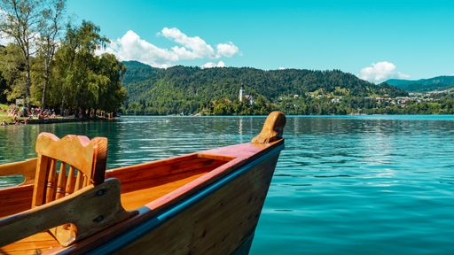 A closeup of a wooden boat on Lake Bled, Julian Alps, Slovenia, Europe