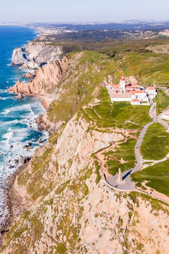 A vertical aerial drone view of Cabo da Roca in Portugal, Lisbon on a summer day