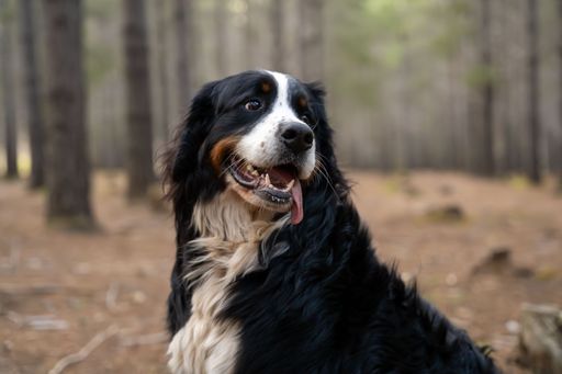 A Bernese Mountain Dog with its tongue out, sitting in a forest with trees in the background.