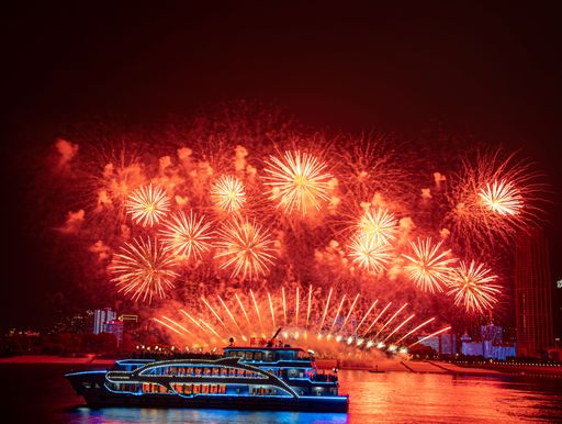 Large fireworks display along the Yangtze River in Wuhan celebrating National Day in China