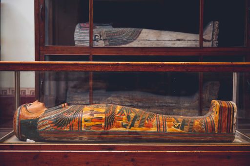 An intricately decorated mummy lid belonging to a female pharaoh in the Egyptian Museum in Cairo