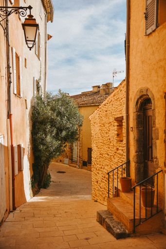 A vertical shot of narrow street with small tree and old buildings at the golden hour in Gassin, France