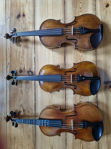 Three violins arranged on a wooden surface, showcasing their craftsmanship and design.