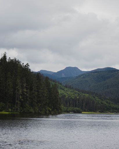 Scenic view of a tranquil lake surrounded by lush green mountains and dense forest under a cloudy sky.