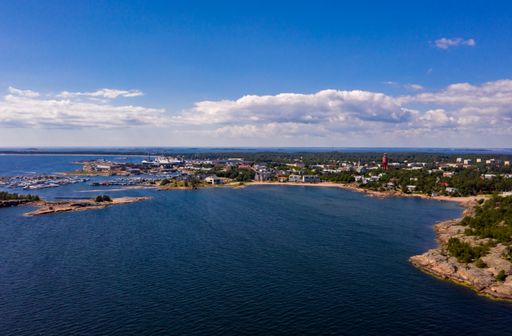 Aerial drone view of the seaside of Hanko city, sunny, summer day, in Uusimaa, Finland