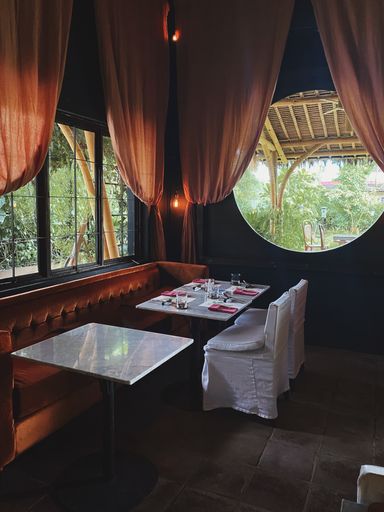 A vertical shot of a beautiful interior of a restaurant