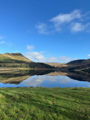 A serene landscape featuring a calm lake reflecting surrounding hills and a blue sky. England