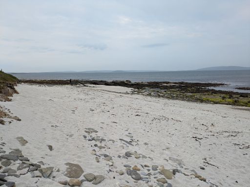 A beach with sand, rocks, and a distant figure near the water under an overcast sky