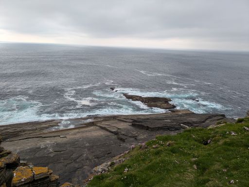 Rocky coastline with waves crashing against it under a cloudy sky.