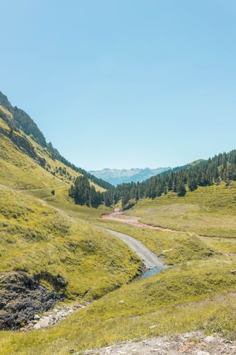 A rural road through the green fields in the mountains on a sunny day