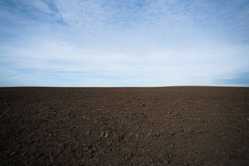 A view of a cultivated field on a blue sky background