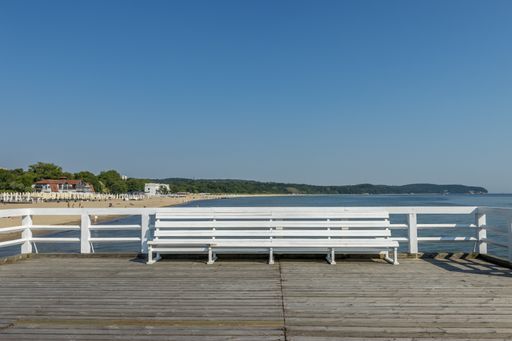 A beautiful sunny day on the wooden pier of Elbla, Poland