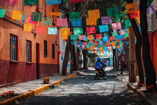 A motorcycle driving down the street during the Day of the Dead in Mexico City