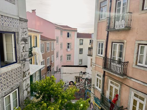 A charming view of the colourful streets of Alfama District, Lisbon, Portugal