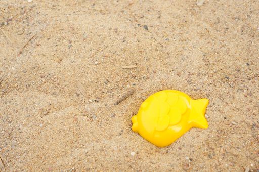 A top view of a toy fish mold on sand