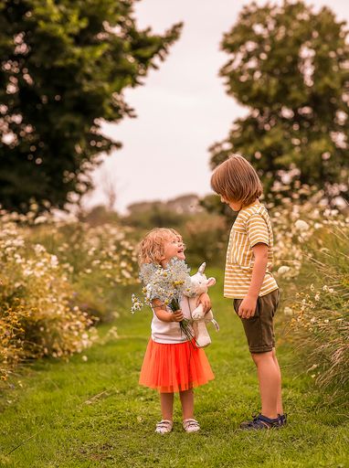 A selective of a young boy walking in the forest with his little sister