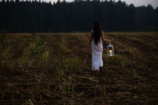 A woman in a white dress holding a lantern walks through a misty forest at dusk, creating a mystical atmosphere.