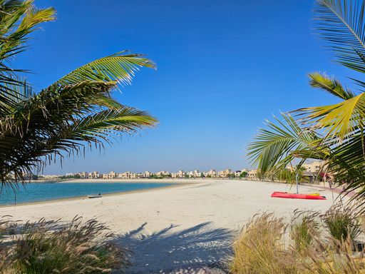 A serene beach scene with palm trees framing the view of the sandy shore, calm blue water, and distant buildings under a clear blue sky.